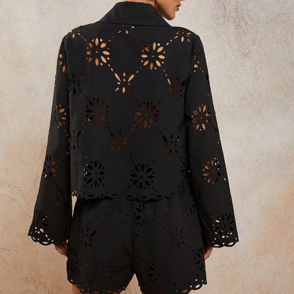 Black Women's Laser Cut Long Sleeve Single-Breasted Blouse And Loose Shorts set - Picture 2 of 6